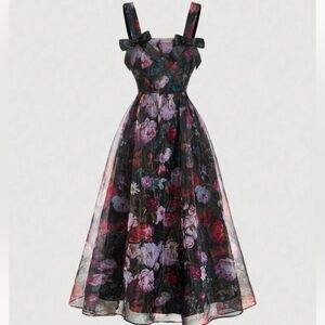 SHEIN MOD NWT Black Floral Print Bow Tie Dark Elegant Dress Size 6/ Medium